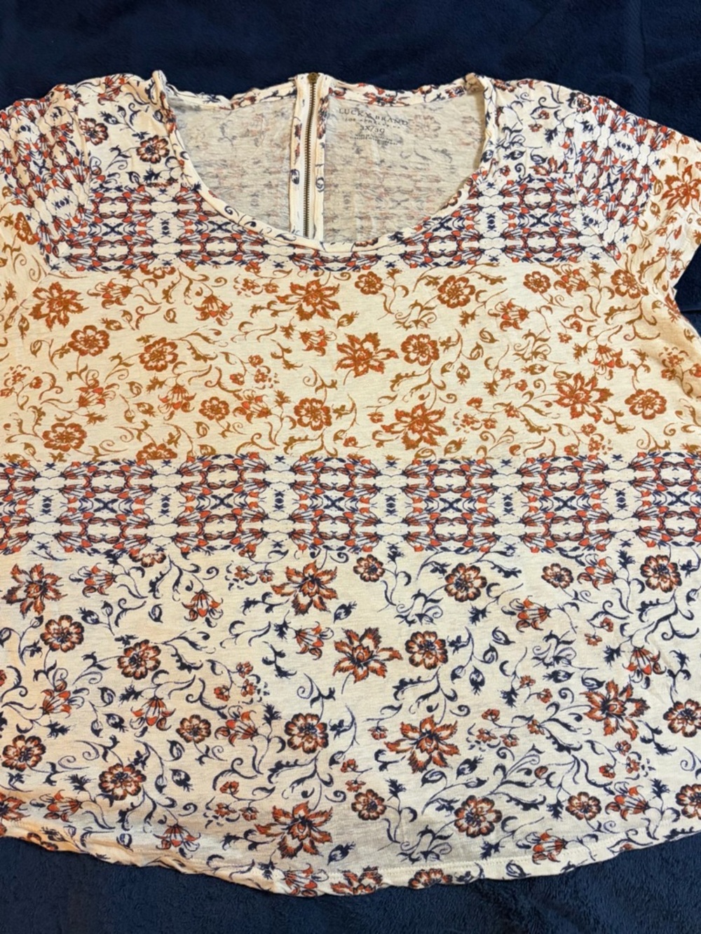 Lucky Brand Floral Short Sleeve Top in Cream and Rust 3X